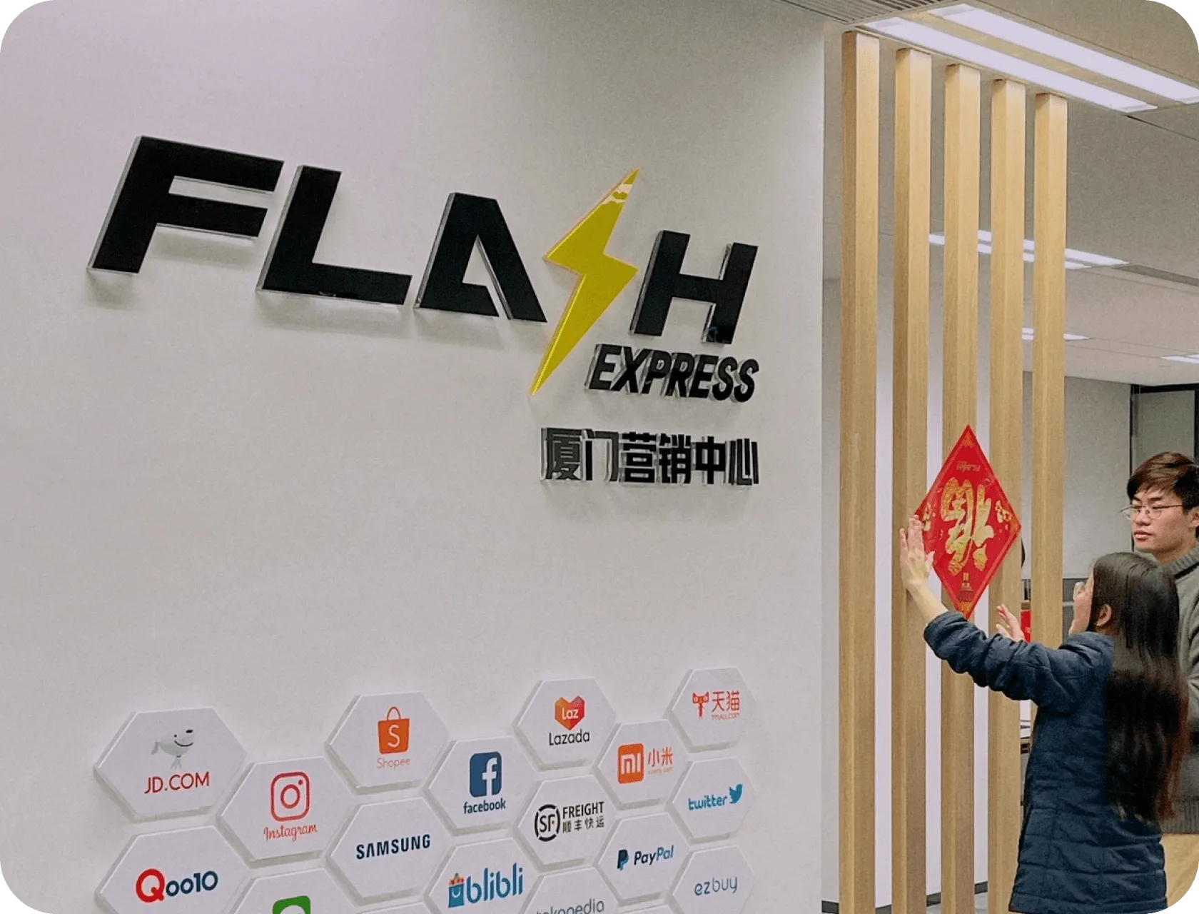 F-commerce live operations staff in front of flash group & Client logo